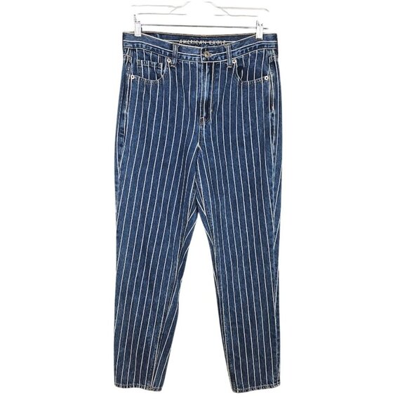 Women's AMERICAN EAGLE Mom Jeans Retro MEDIUM BLUE Pin Stripe size 4 High Rise - Picture 1 of 8